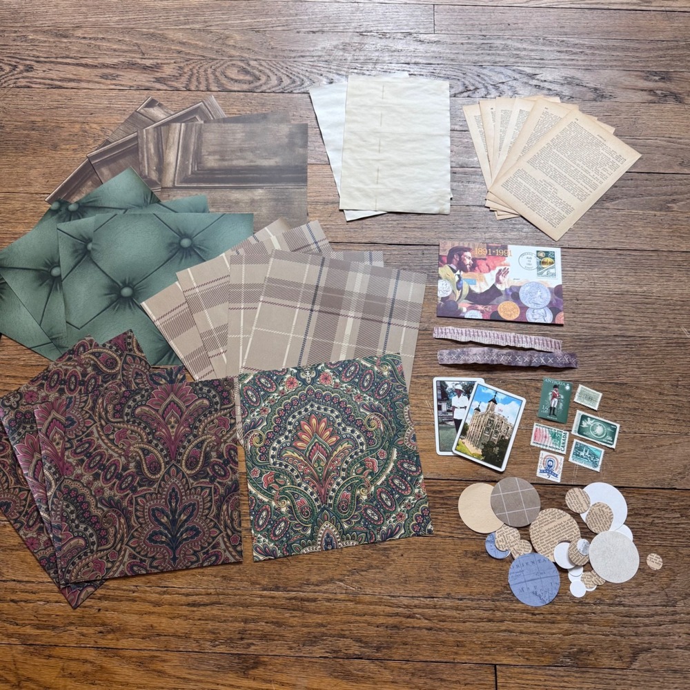 Junk journal Wallpaper, stamps, circles, cards postcard ephemera pack 2316